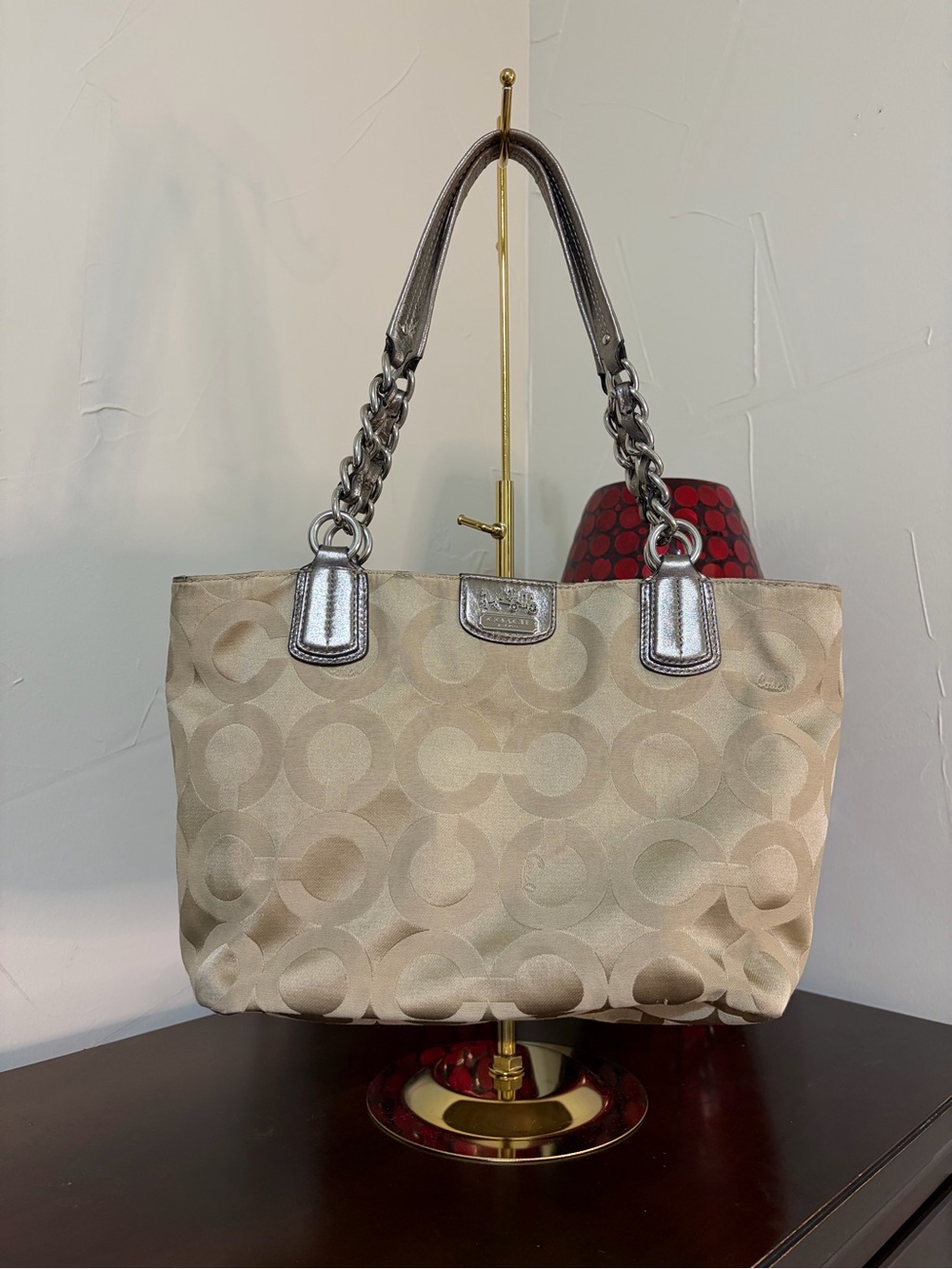 Coach Metallic Handle Signature Tote in Beige